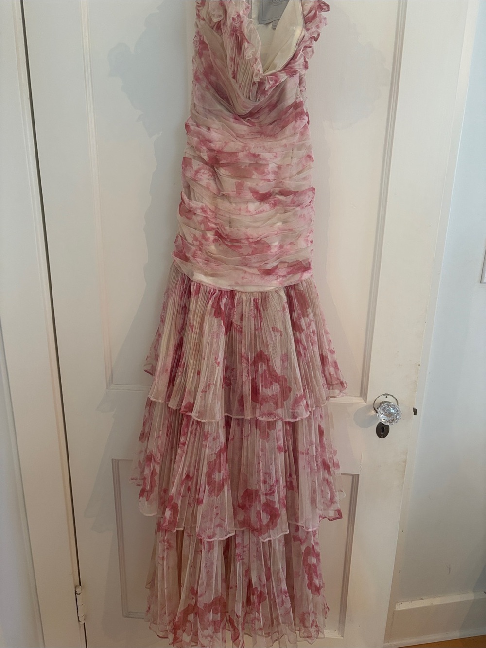 Pearl by Georgina Chapman Cream and Pink Floral Tiered Chiffon Maxi Dress